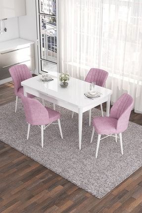 Eva Serisi, 80x132 Beyaz Mdf Beyaz Açılabilir Mutfak Masa Takımı, 4 Pembe Sandalye EVA10BYZ4