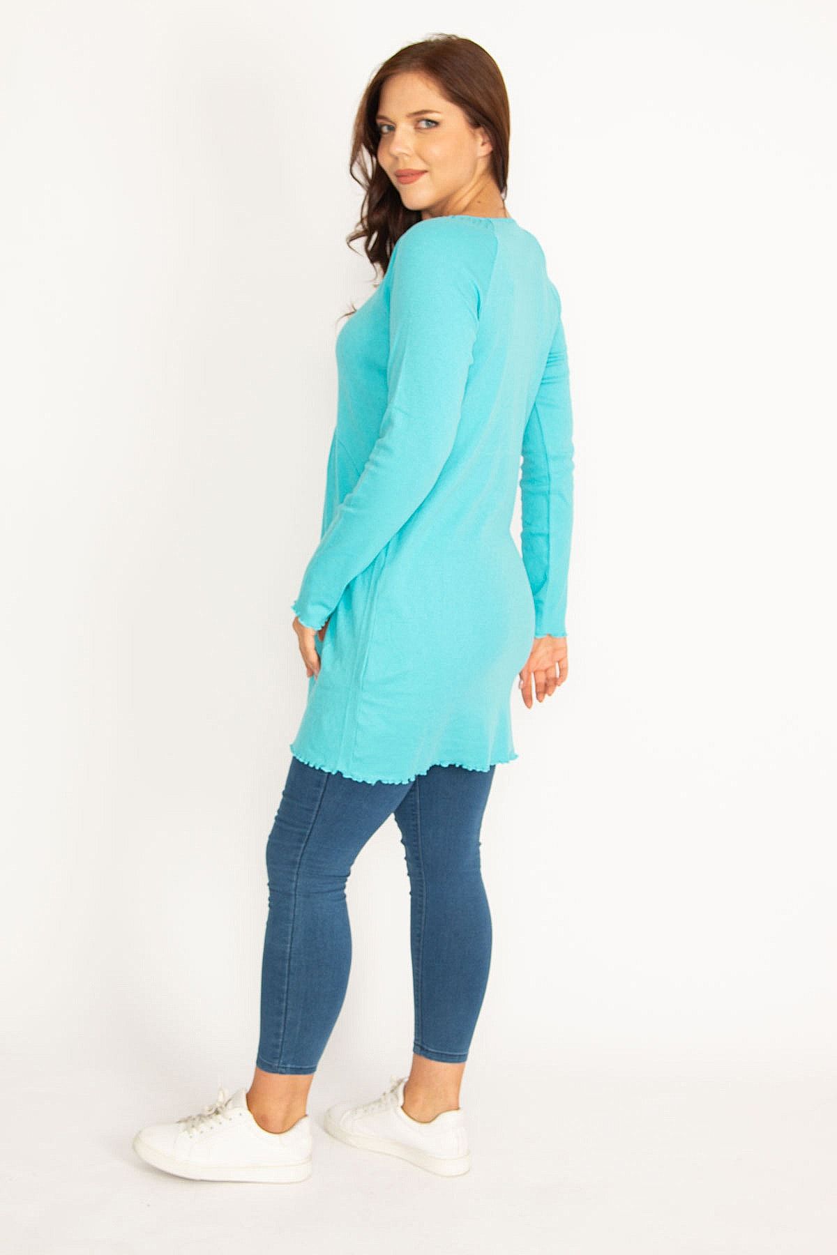 Şans-Women's Large Size Turquoise V-Neck Waist Detailed Tunic 65n34938 2