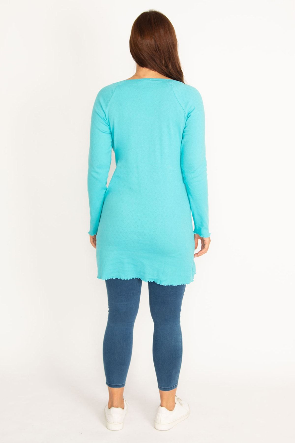 Şans-Women's Large Size Turquoise V-Neck Waist Detailed Tunic 65n34938 3