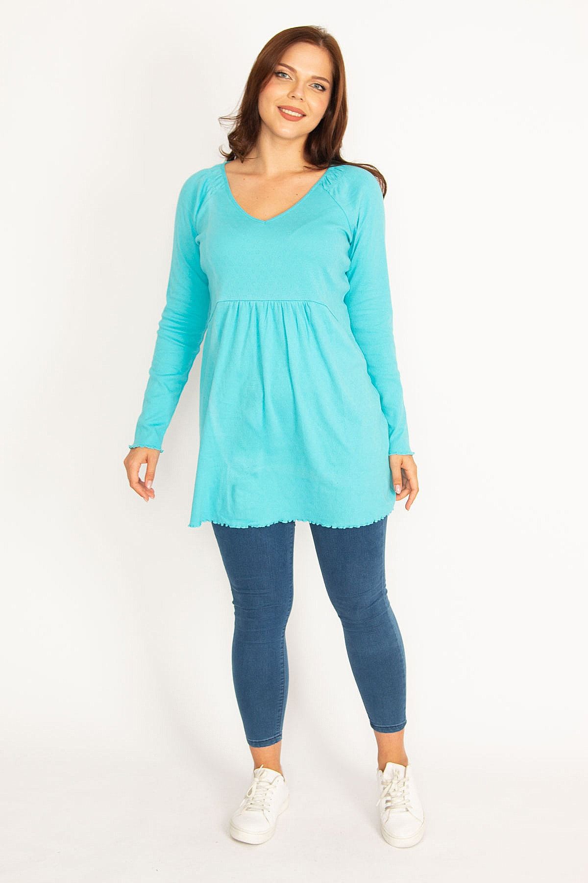 Şans-Women's Large Size Turquoise V-Neck Waist Detailed Tunic 65n34938 5