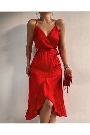 Kırmızı Saten Ip Askılı Kuşaklı Elbise AFŞ-KRMZKS
