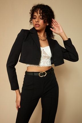 Kadın Siyah Tek Düğme Kapamalı Crop Blazer Ceket S055/1604/006
