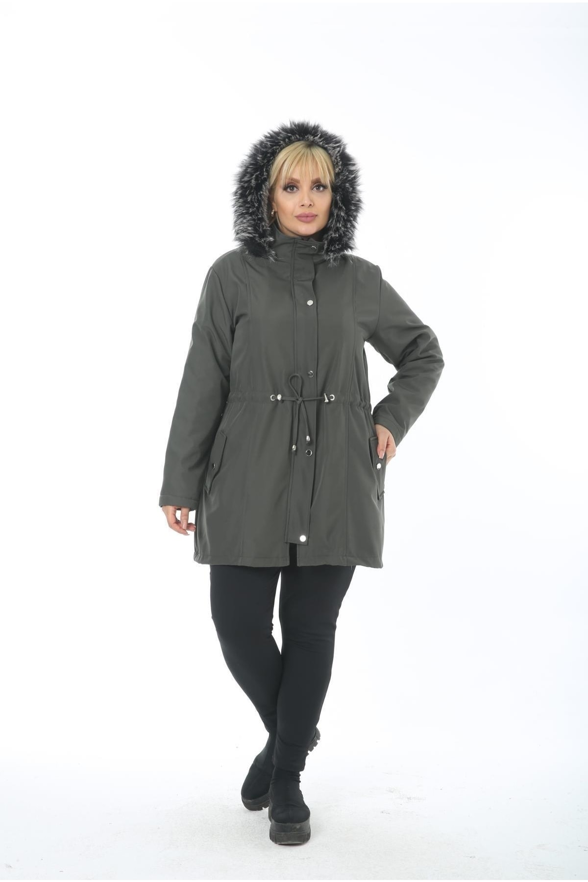 By Alba Collection Kadın Haki Su Itici Bondit Kumaş Kürk Kapüşonlu Büyük Beden Mont