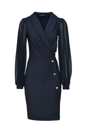 Kadın Siyah Pilise Kollu Düğme Detaylı Elbise OB111591