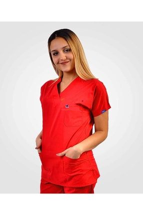 Kırmızı Likralı Takım Hemşire Doktor Cerrahi Nöbet Forması KRMZCRRHİ