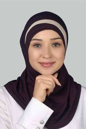 Pratik Eşarp Hazır Türban Özel Hilal Detaylı Hijab -mürdüm - Krem T82