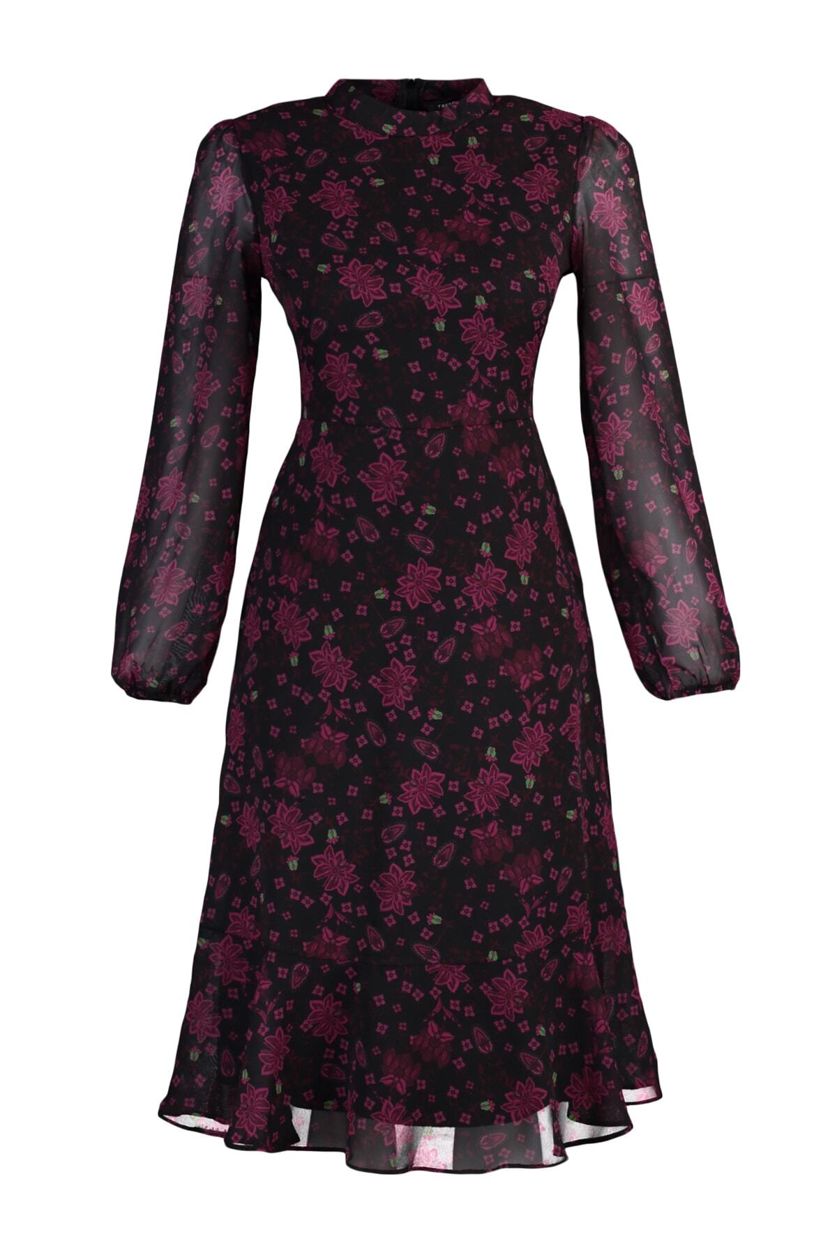 Trendyol Collection-Imprimeu floral roz - Rochie midi din șifon în formă de A, guler vertical - TWOAW20EL1313 7