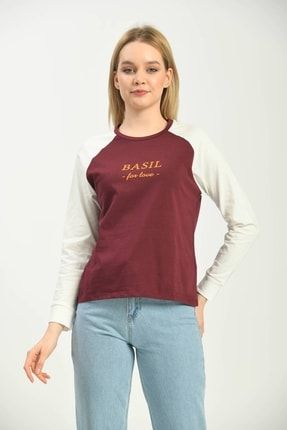 Bordo Renk Bloklu Basic Baskılı Uzun Kol Örme T-shirt MM22TS0158