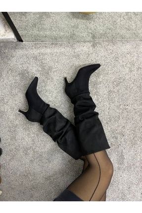 Siyah Süet Kadın Topuklu Çizme TDK88