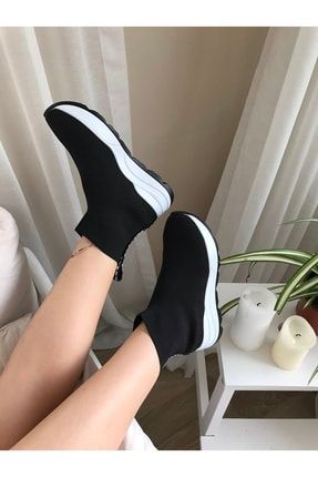 Kadın Siyah-beyaz Triko Sneaker Çorap Bot Ayakkabı 001 MR500-81