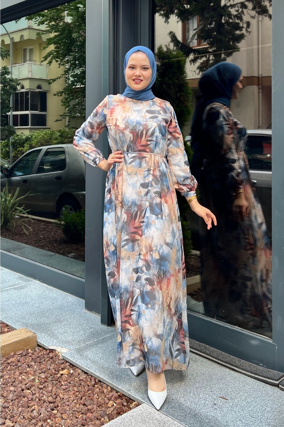 پیراهن آبی زنانه لباس نوعی پارچه ابریشمی الگوی Levidor