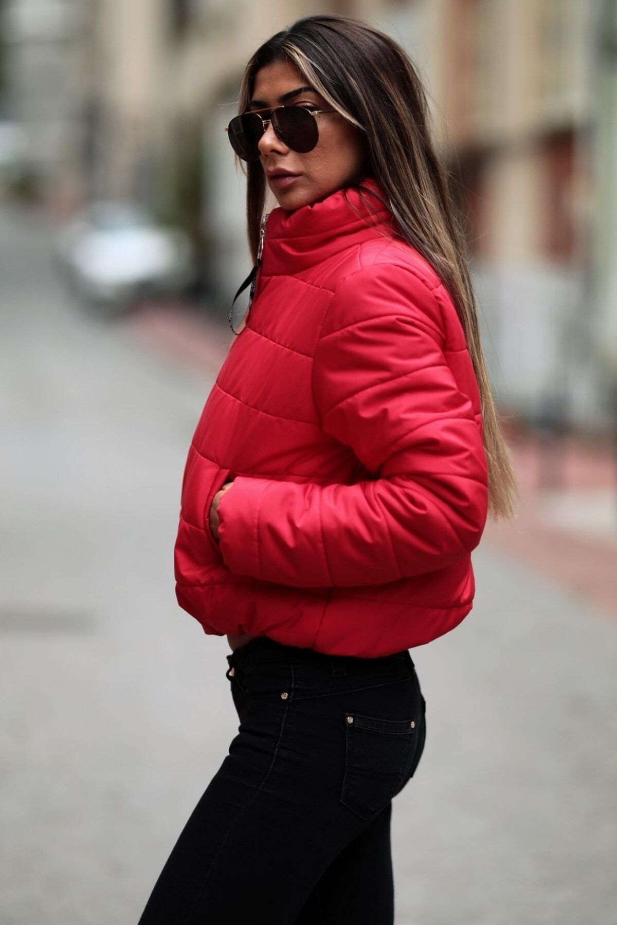 Cropped red puffer coat sale
