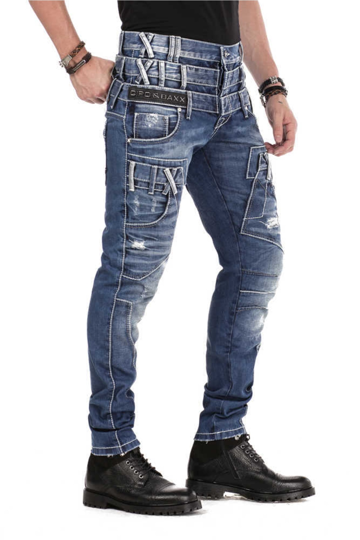 Cipo&Baxx Cd466 Üç Katlı Kemer Slim Fit Eskimiş Erkek Mavi Jeans