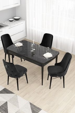 Taç Serisi, 80x132 Siyah Mermer Desen Yemek Masası Takımı, 4 Siyah Sandalye Gümüş Halkalı TAÇ01SYHMR04GMSS
