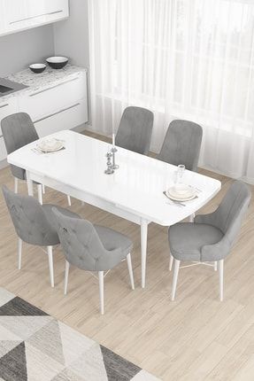 Taç Serisi, 80x132 Açılabilir Beyaz Mutfak Yemek Masası Takımı, 6 Gri Sandalye Gümüş Halka TAÇ001BYZ06GMS