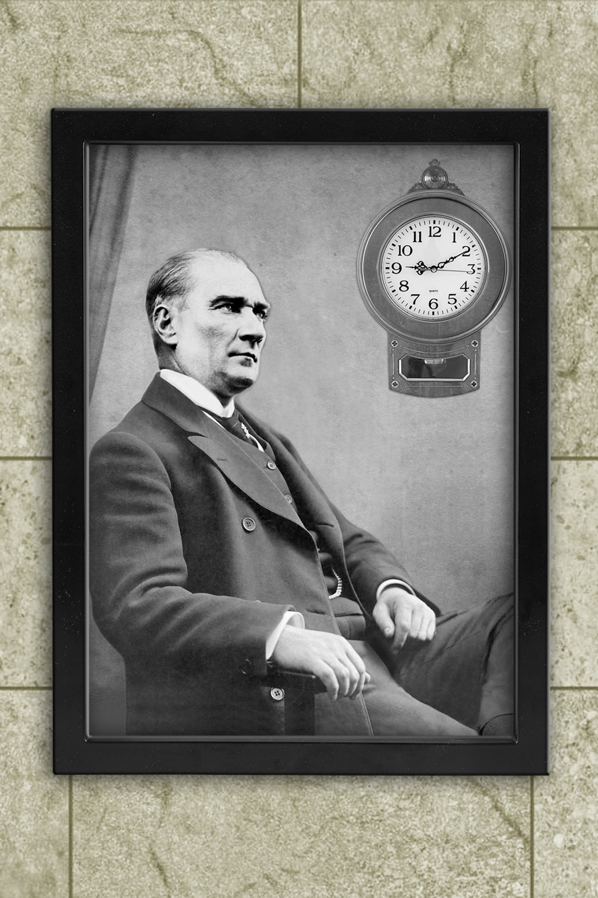 Atika Atatürk Siyah-beyaz Fotoğraflı Tasarım Tablo Saat