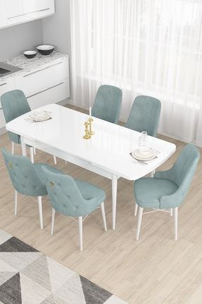 Taç Serisi, 80x132 Açılabilir Beyaz Mutfak Masa Takımı , 6 Su Yeşili Sandalye Gold Halkalı TAÇ01BYZ06