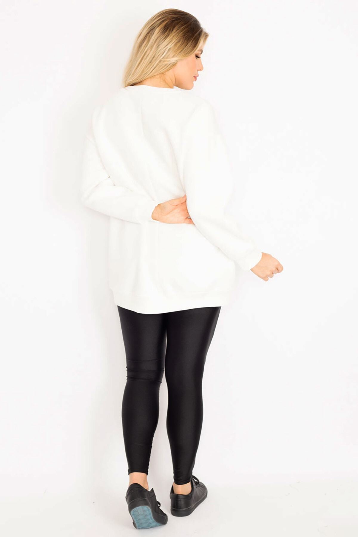 Şans-Women's Large Size Bone Embroidery Detailed 3 Thread Raised Fleece Sweatshirt 65n34994 5