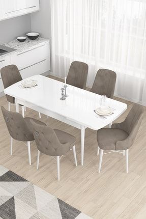 Taç Serisi, 80x132 Açılabilir Beyaz Mutfak Yemek Masası Takımı, 6 Cappucino Sandalye Gümüş Halka TAÇ001BYZ06GMS