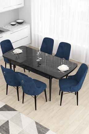 Taç Serisi, 80x132 Siyah Mermer Desen Yemek Masası Takımı, 6 Lacivert Sandalye Gümüş Halkalı TAÇ01SYHMR06GMSS