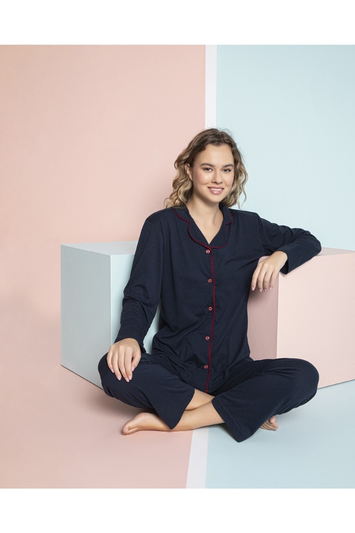 MİRELLA Kadın Lacivert Uzun Kollu Penye Süprem Kumaş Örme Mevsimlik Pijama Takımı