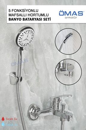 5 Fonksiyonlu Duş Başlığı Ve Banyo Bataryası Seti, Banyo Musluğu, Mafsallı Duş Başlığı, 2'li Set MF5-MDB