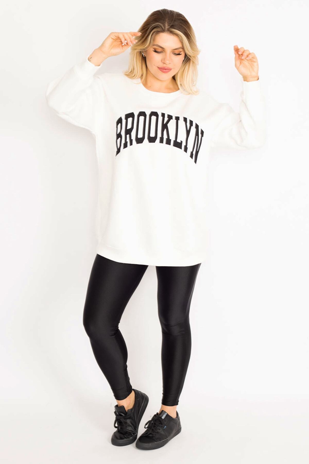 Şans-Women's Large Size Bone Embroidery Detailed 3 Thread Raised Fleece Sweatshirt 65n34994 3