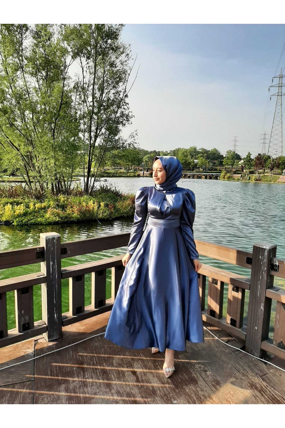 sağlam tasarım Indigo Mavi Krep Saten Şık Tesettür Abiye Elbise