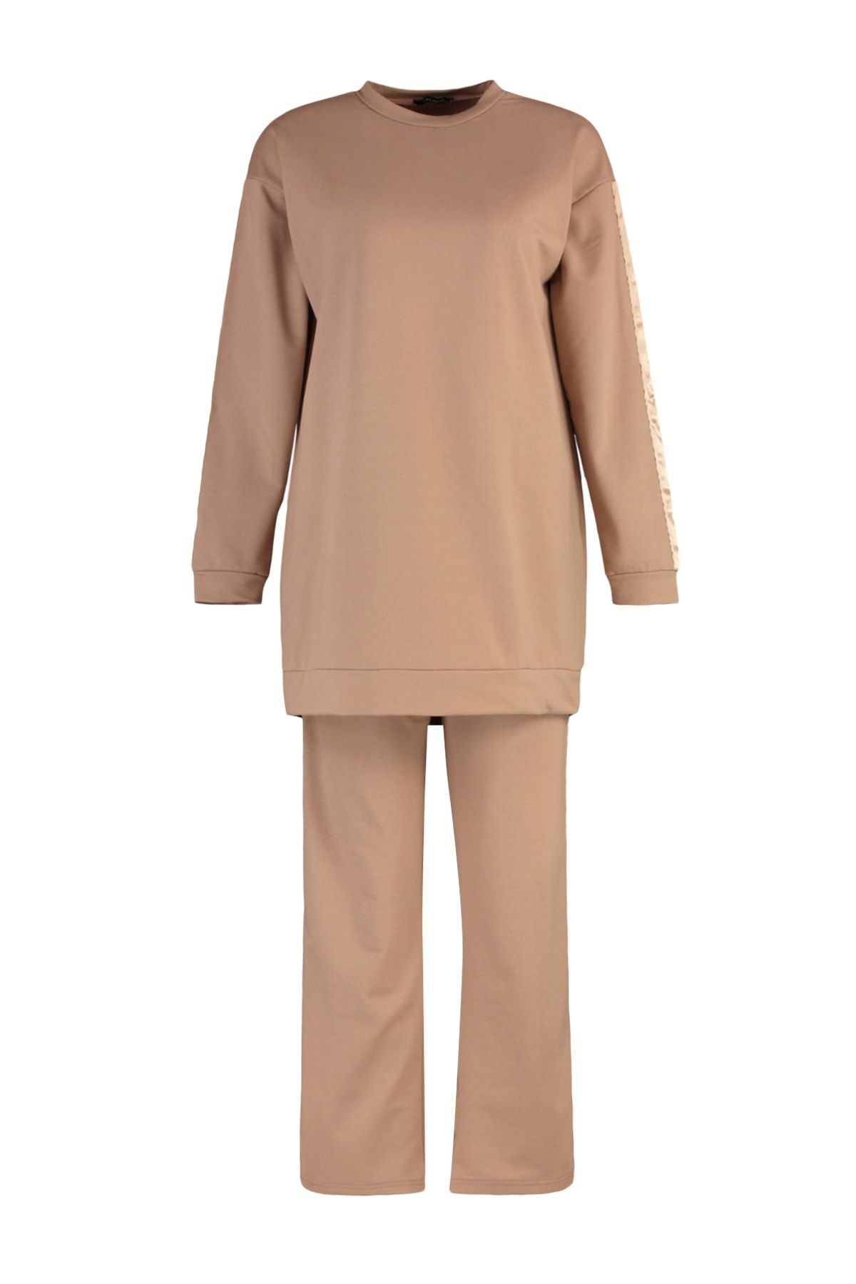 Trendyol Modest-Zestaw dresów z dzianiny w szczegółowe paski taupe TCTAW23EN00049 7