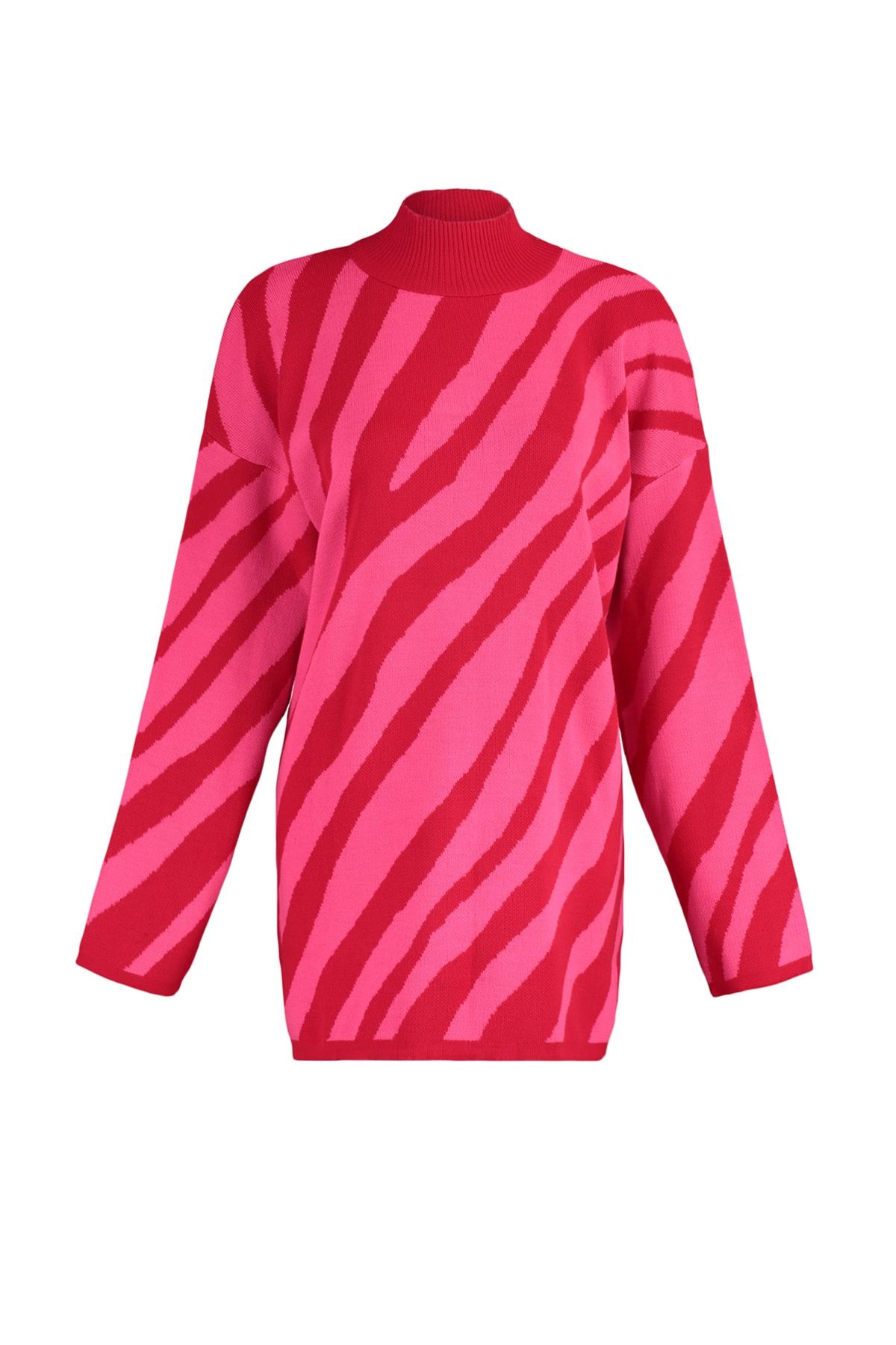 Trendyol Modest Kırmızı Pembe Animal Çizgi Desenli Triko Kazak TCTAW23KZ00066 RN10329
