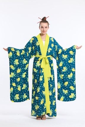 Lime Desenli Uzun Sabahlık - Kimono MSWRTKLM