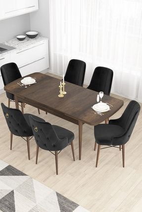 Taç Serisi, 80x132 Barok Ahşap Desen Yemek Masası Takımı, 6 Siyah Sandalye Gold Halkalı TYC00464636232