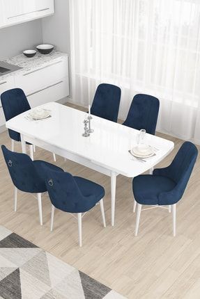 Taç Serisi, 80x132 Açılabilir Beyaz Mutfak Yemek Masası Takımı, 6 Lacivert Sandalye Gümüş Halka TAÇ001BYZ06GMS