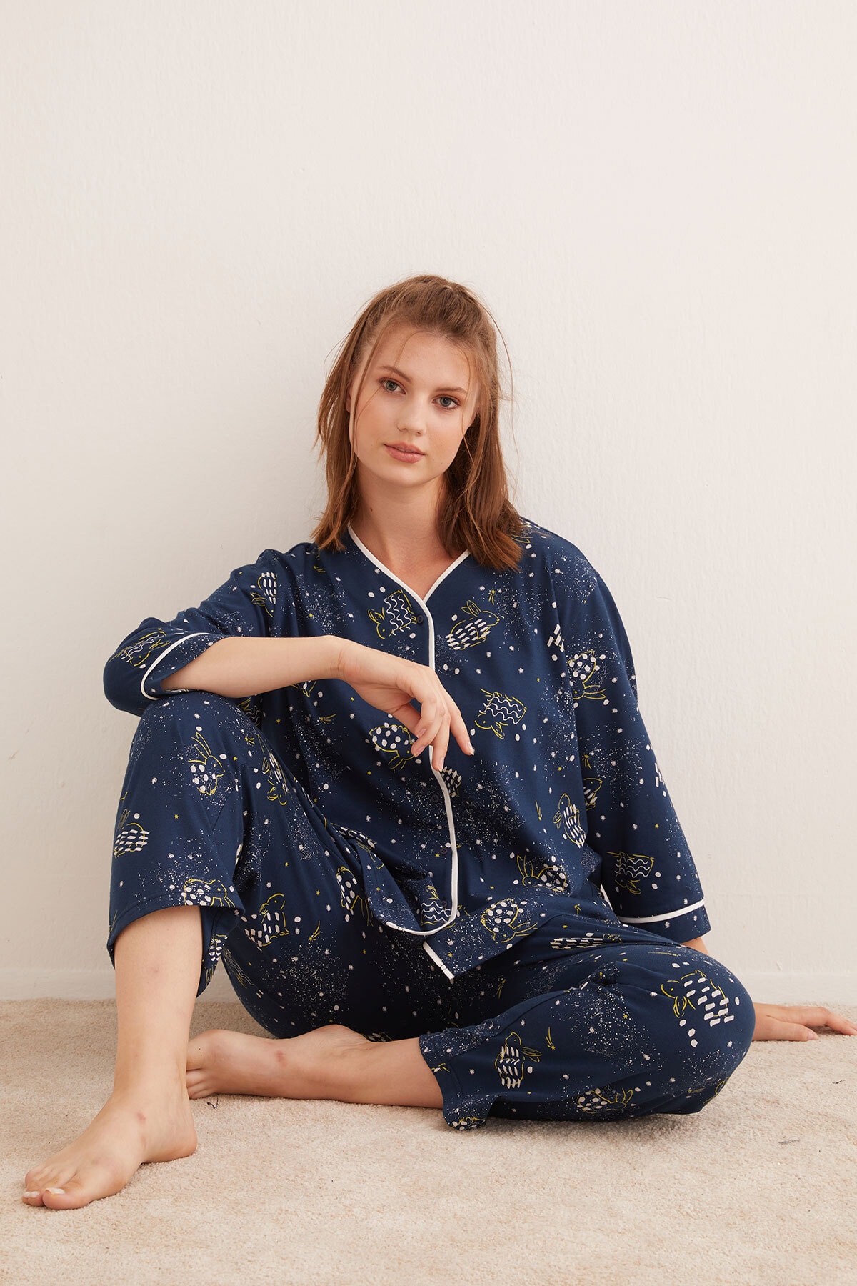 Hays Kadın Büyük Beden Pamuklu Gömlek Yakalı Uzun Pijama Takımı