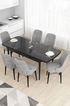 Taç Serisi, 80x132 Açılabilir Siyah Mermer Desen Yemek Masası Takımı, 6 Gri Sandalye Gümüş Halkalı TAÇ01SYHMR06GMSS
