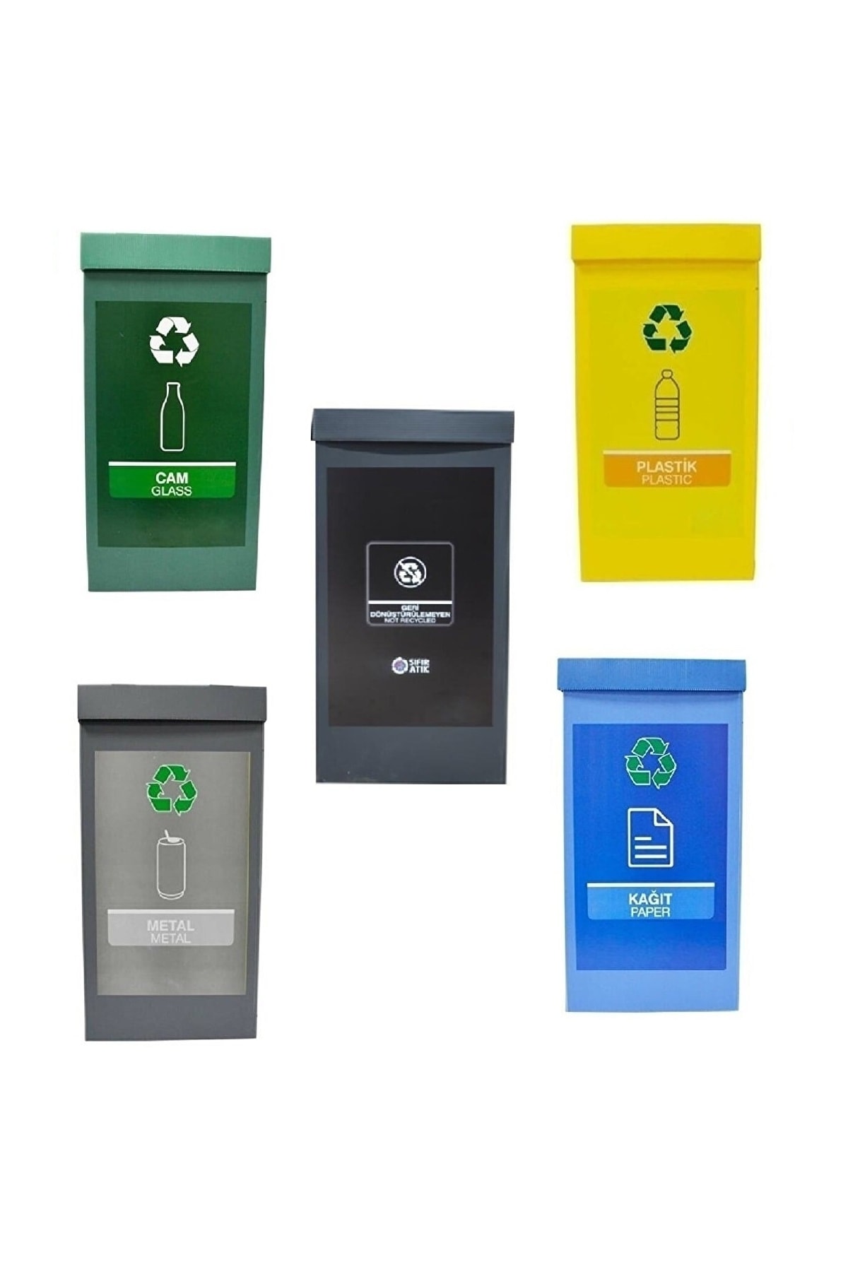 Genel Markalar Geri Dönüşüm Atık Kutusu 5'li Set ( Cam, Plastik, Kağıt, Metal, Geri Dönüştürülemeyen )