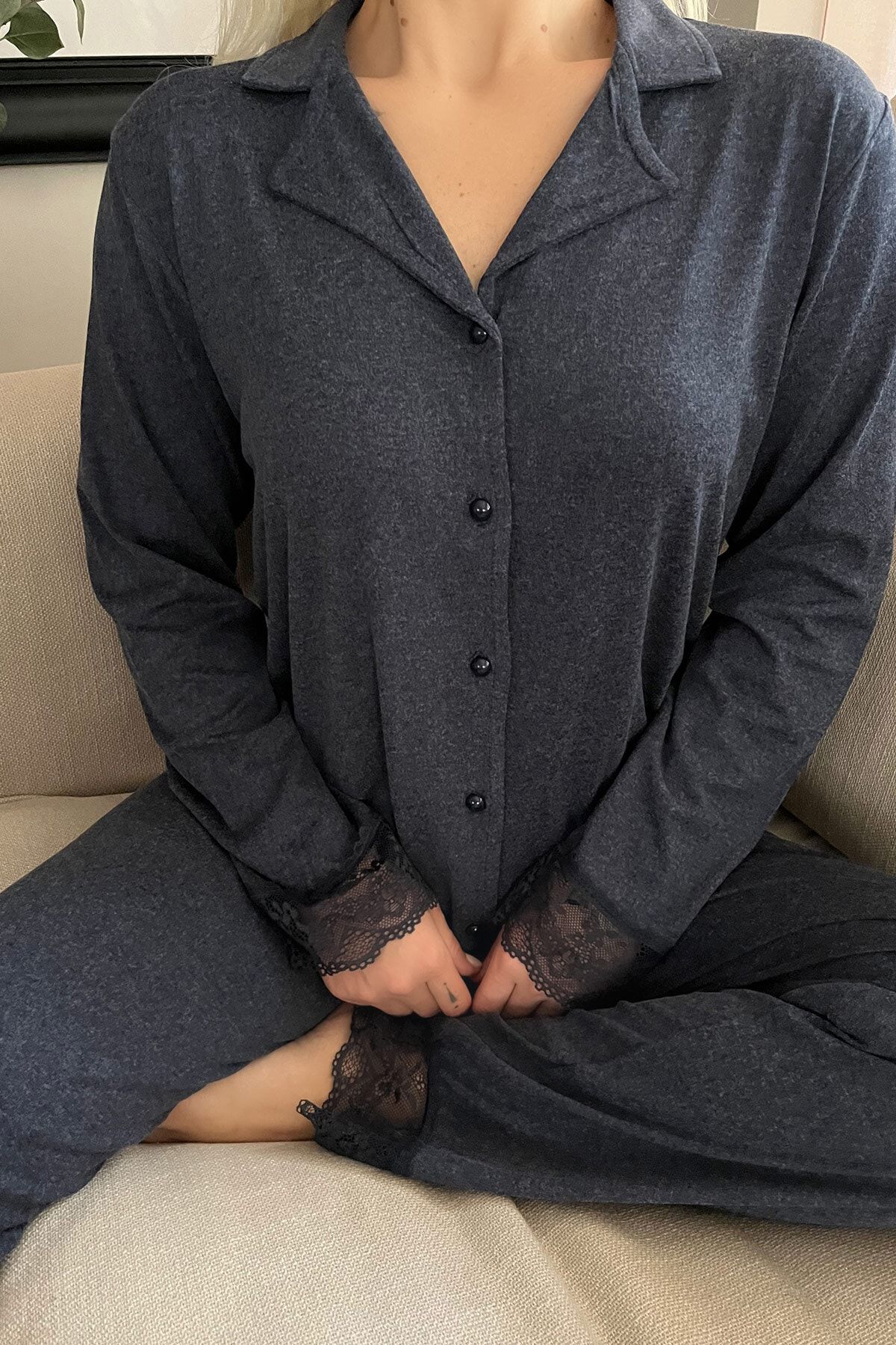 Pijamaevi-Set de pijamale cu mânecă lungă din bambus, albastru bleumarin, cu nasturi în față 4