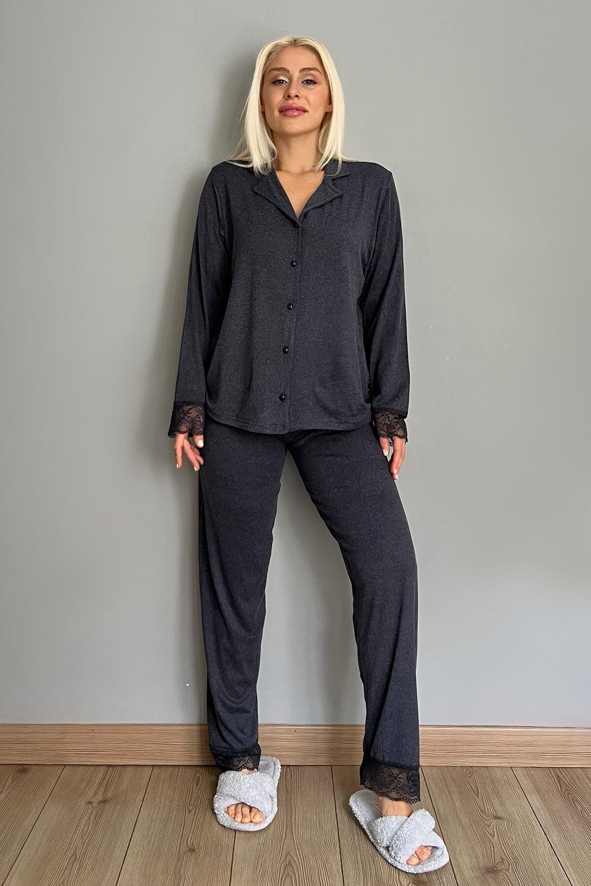 Pijamaevi-Set de pijamale cu mânecă lungă din bambus, albastru bleumarin, cu nasturi în față 5