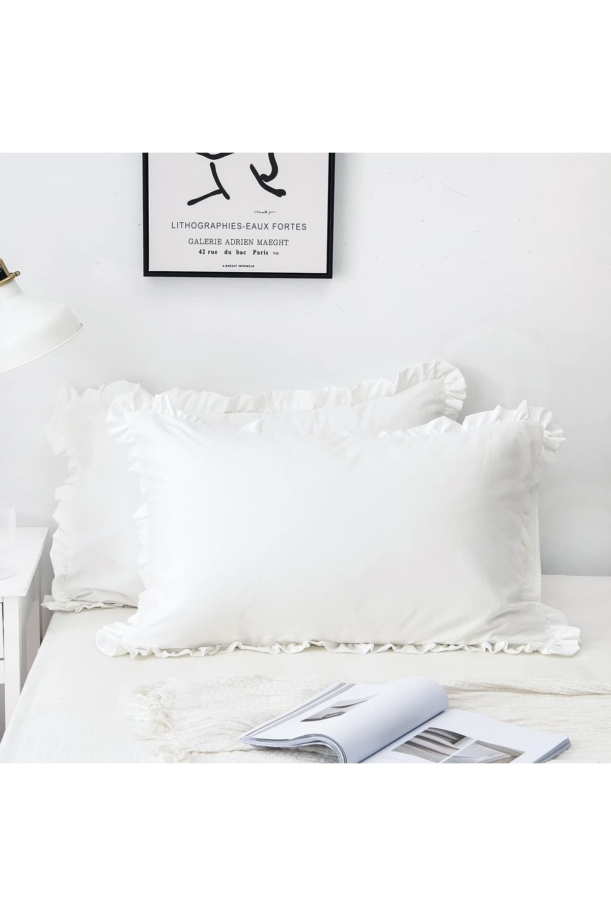EVYA 100 Cotton White Ruffle Border Decor 50x70 Cm 2 Pillow Cases