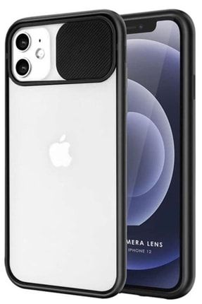 Apple Iphone 12/12pro Uyumlu Kamera Lens Sürgülü Kenarları Renkli Arkası Mat Telefon Kılıfı Siyah Tria12sürgülü