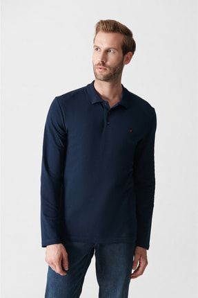 Erkek Lacivert Polo Yaka %100 Pamuk Basic Sweatshirt E001003