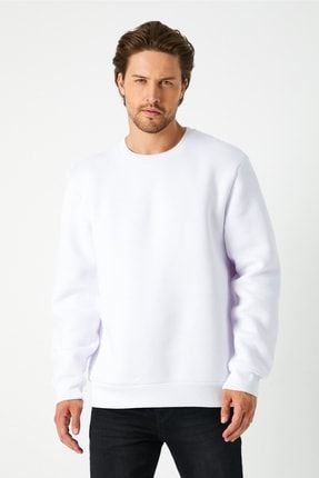 Erkek Sweatshirt Kışlık Düz Renk Bisiklet Yaka Slim Fit Beyaz Renk 3 Iplik st1885