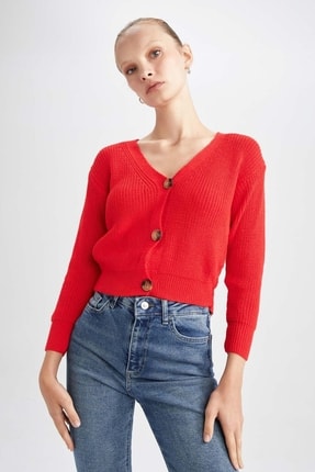 DeFacto Regular Fit V Yaka D&uuml;ğmeli Basic Crop Triko Yelek