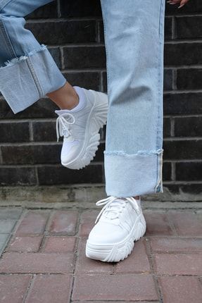 Kadın Platform Taban Bağcıklı Beyaz Sneaker Ayakkabı TRPY250061