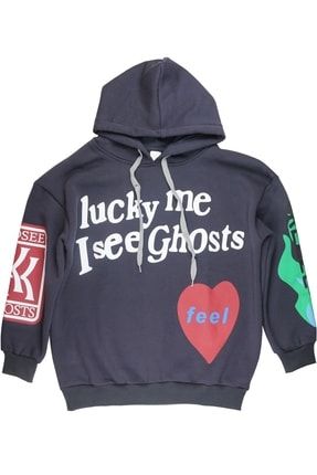 Lucky Me I See Ghosts Kanye Baskılı Kapüşonlu Oversize Sweatshirt BLCLMS