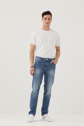 Orta Tonda Eskitilmiş Mavi Slim Straight Men's Jeans 9891
