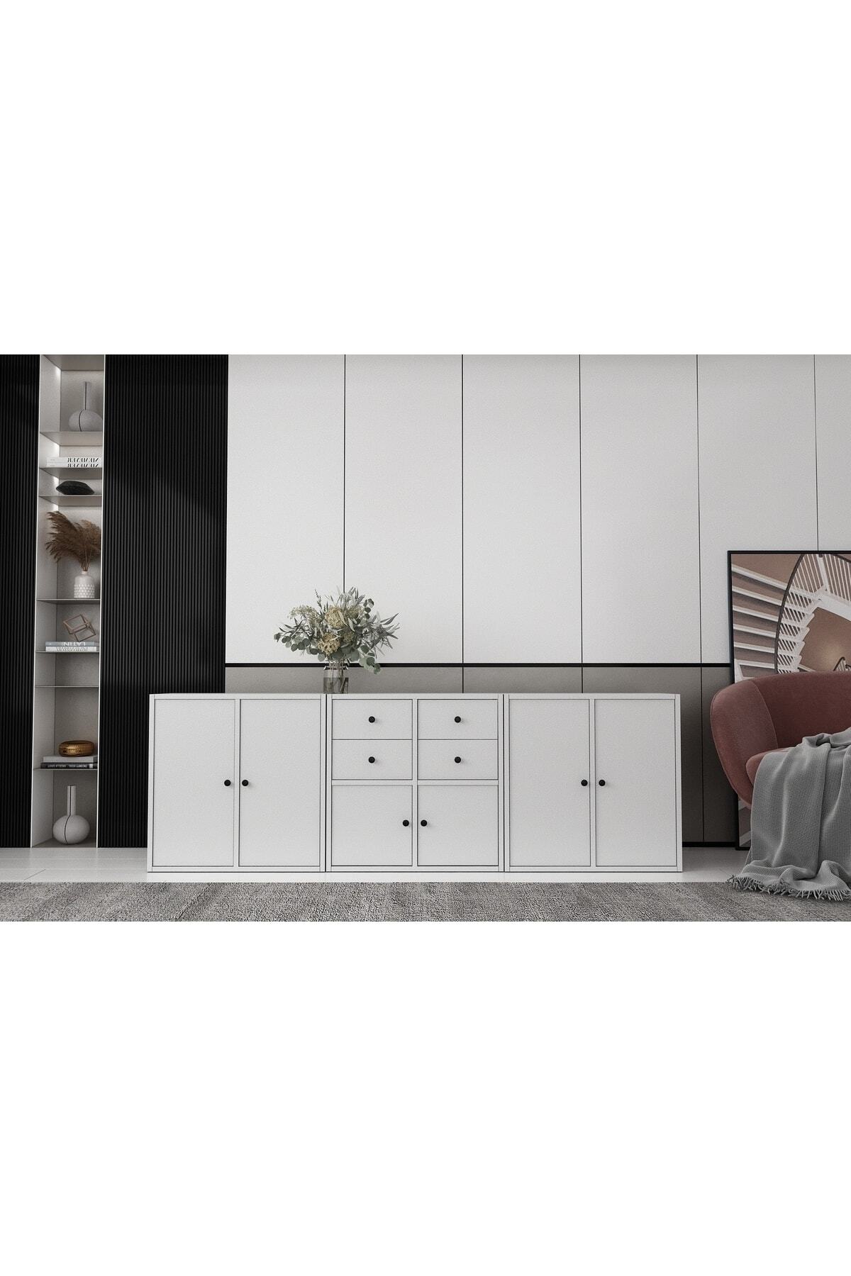 Nettrends Altı Kapaklı Dört Çekmeceli Raflı Beyaz Konsol Çıtasız Kns-1210-ç