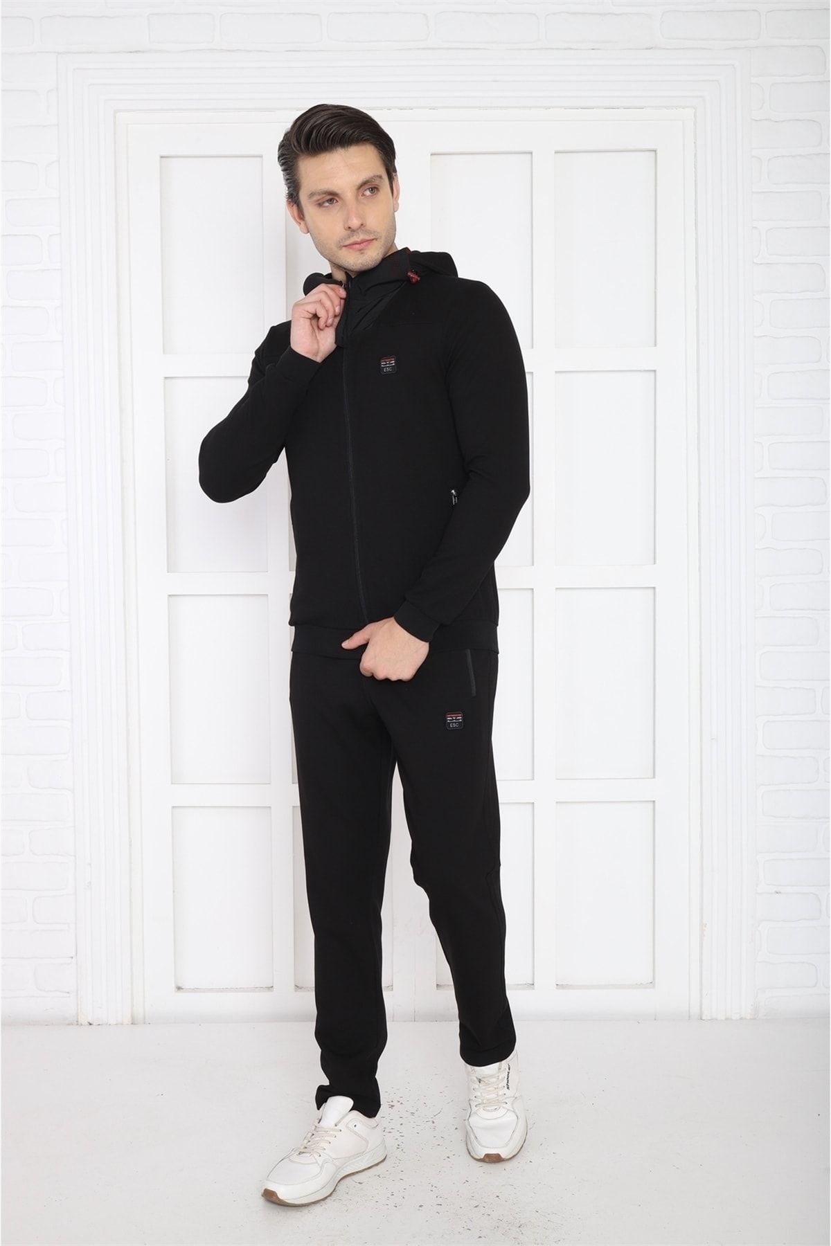 ست گرمکن ورزشی مردانه SLIMFIT مردانه'S HOODED 4 جیب فصل مجموعه لباس سیاه Escetic