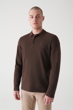 Erkek Kahve Polo Yaka %100 Pamuk Basic Sweatshirt E001003