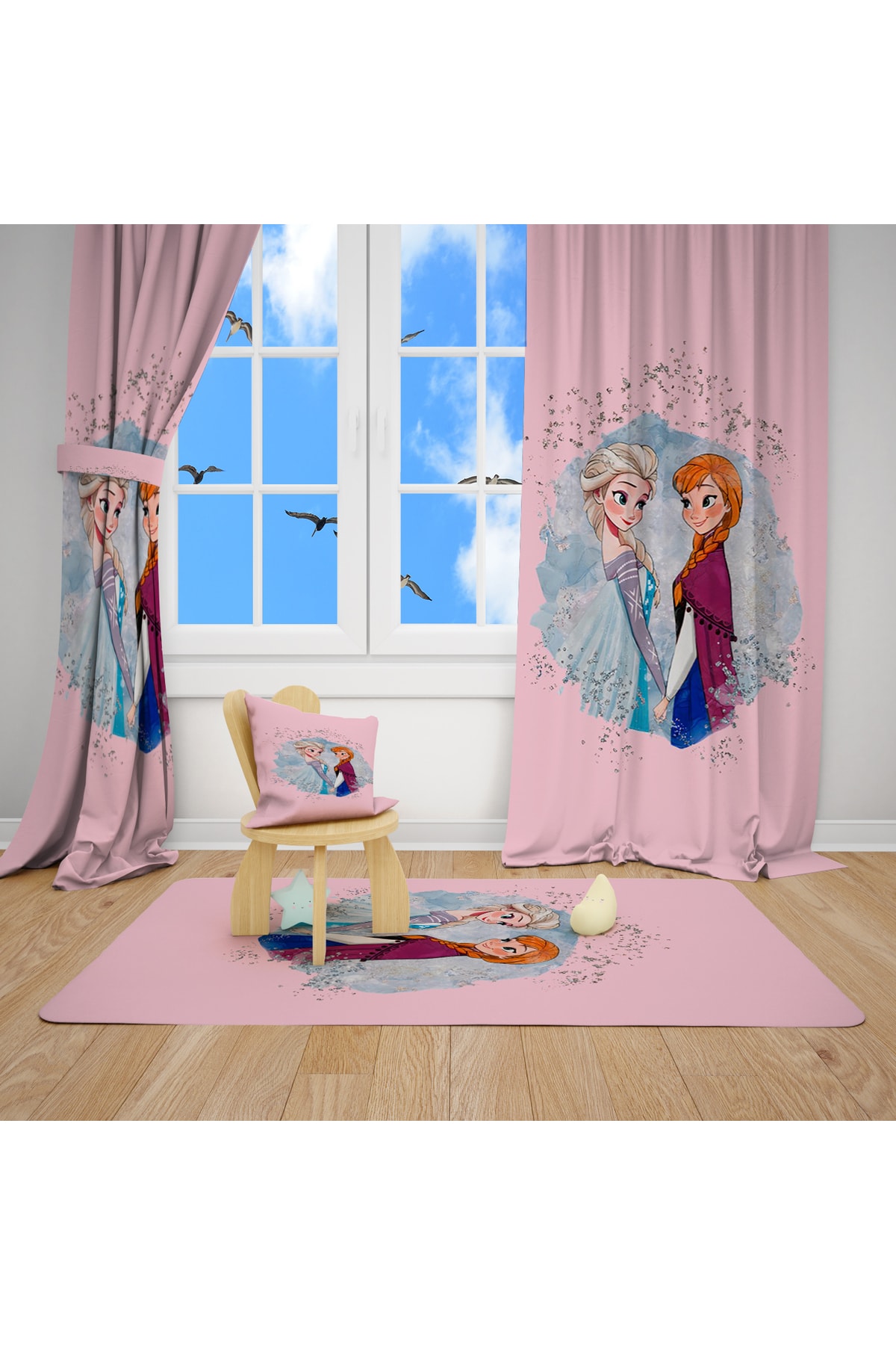 EVSEHOMES Pembe Elsa Anna Çizim Çocuk Odası Takım fon Perde Yatak Örtüsü Ve Yastık - Halı